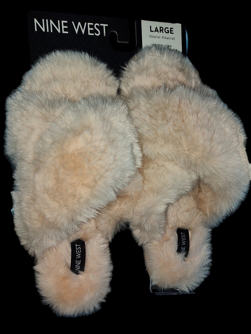 Nine West Fuzzy X Band Style Open Toe Memory Foam Slippers, Large, Sand Color